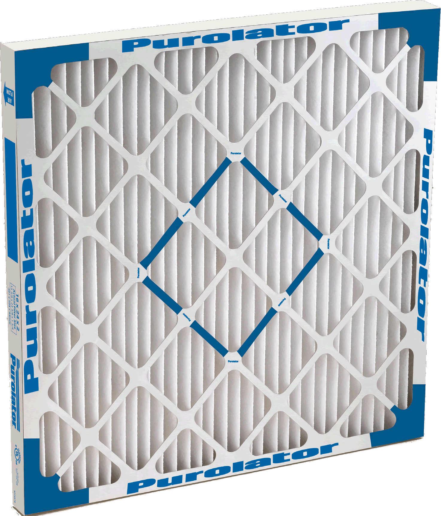 A Purolator Defiant Mark 80-D extended surface, pleated air filter shown in size 16 x 24 x 2.